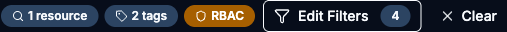 Explorer header with active filter chips for resources, tags, and RBAC, plus the Edit Filters button with a count badge and a Clear button