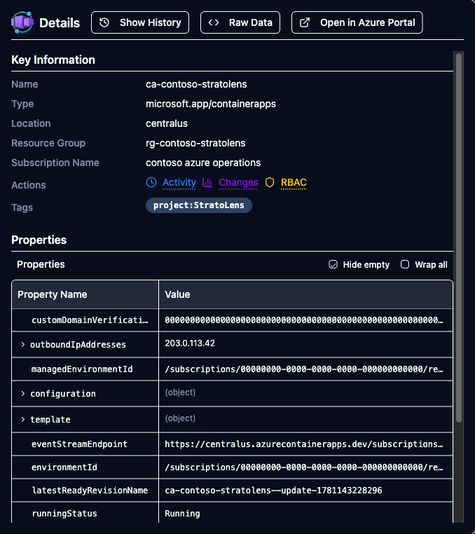 Resource detail panel for a container app showing the Key Information section, the Actions row, a Tags badge, and the Properties table