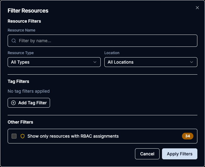 Filter Resources dialog with Resource Filters (name, type, location), Tag Filters, and the Other Filters section with the RBAC assignments checkbox