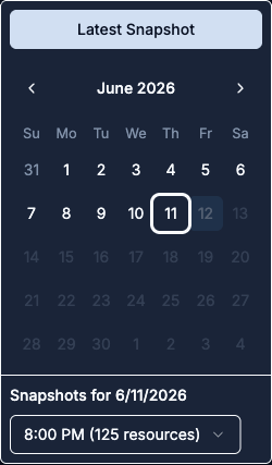 Snapshot picker popover with the Latest Snapshot button on top, a calendar with available scan dates selectable and future dates grayed out, and the time-of-day dropdown below