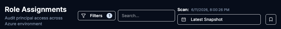 Role Assignments header in compact mode showing the Filters button with an active-filter count badge, the Search box, and the Scan picker