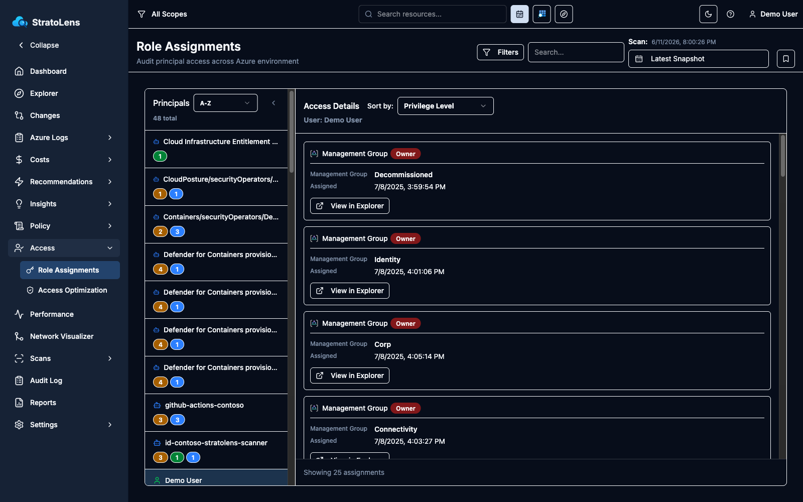 Role Assignments page with a user selected in the Principals column and the Access Details panel open on the right, listing assignment cards with role badges and View in Explorer buttons