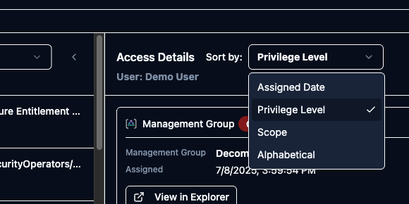 Access Details panel Sort by dropdown opened, showing Assigned Date, Privilege Level, Scope, and Alphabetical options