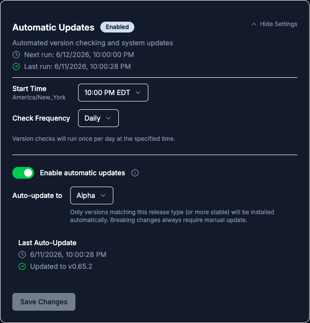Automatic Updates card expanded with the Enabled badge, daily check schedule, the enable toggle, the auto-update release-type selector, and the Last Auto-Update panel showing a successful update