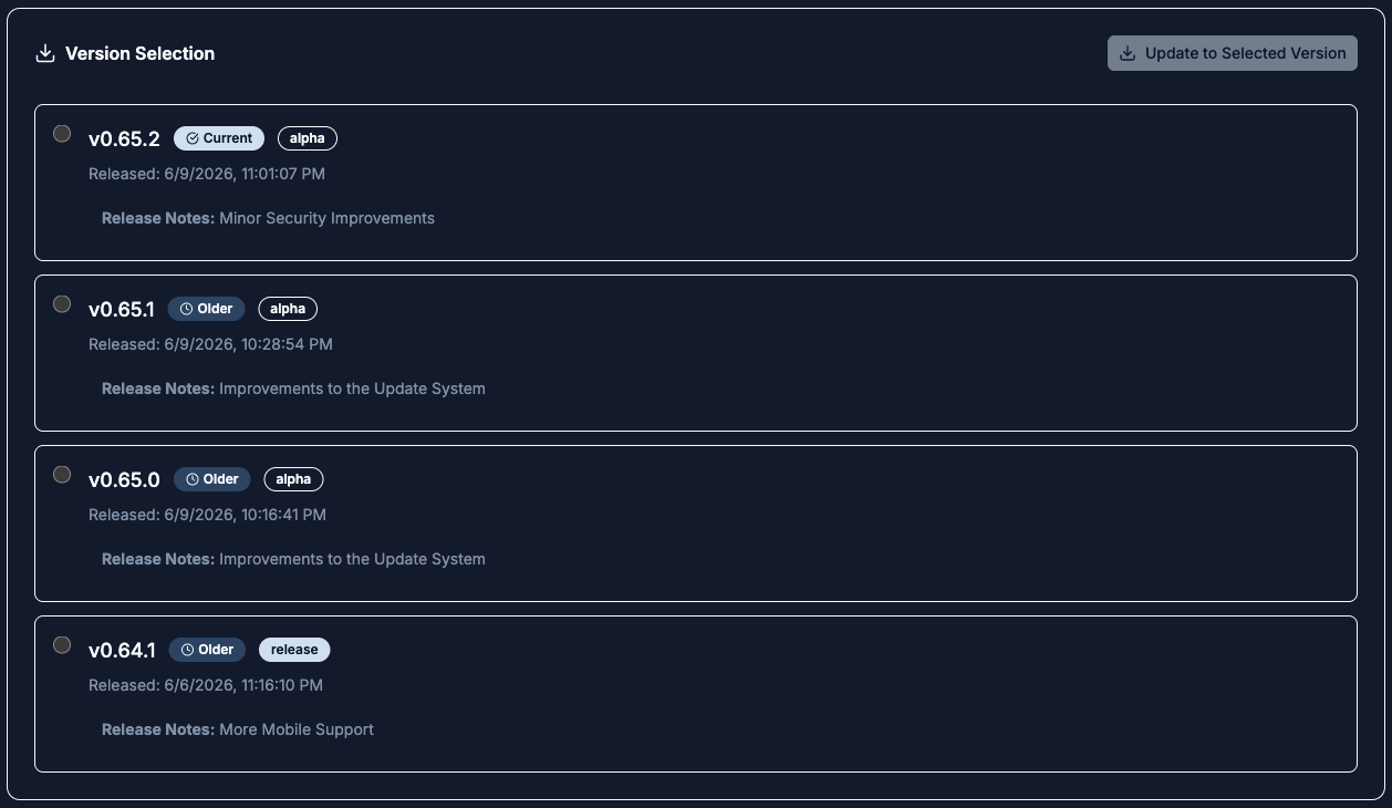 Available Versions list with the Version Selection radio list showing the current version and several older versions, each with release dates and notes, and the Update to Selected Version button