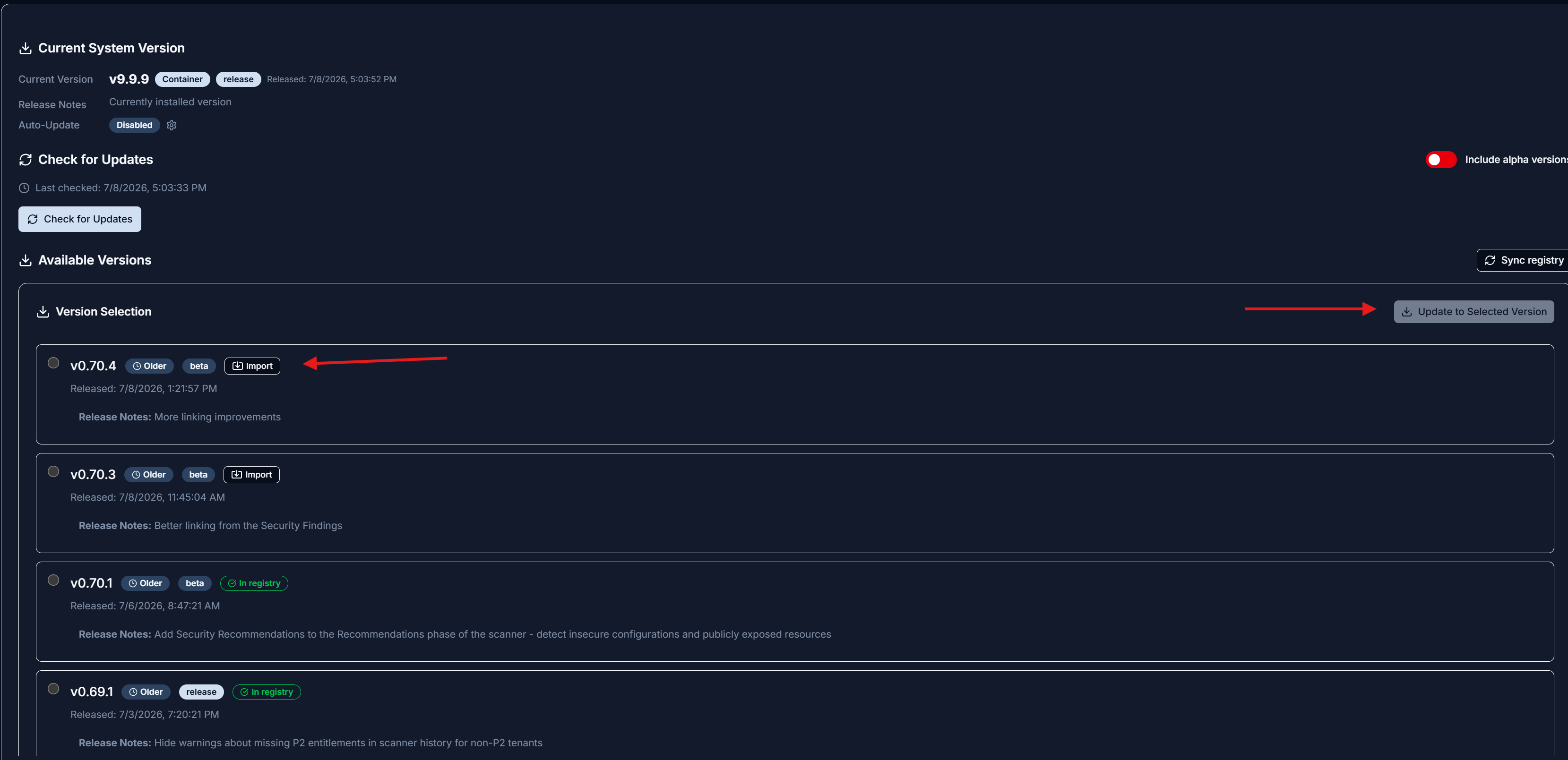 The Available Versions list on System Updates in Managed mode: some versions carry a green In registry badge, versions not yet present show an Import button, the Sync registry button sits at the top right, and Update to Selected Version is disabled while nothing present is selected