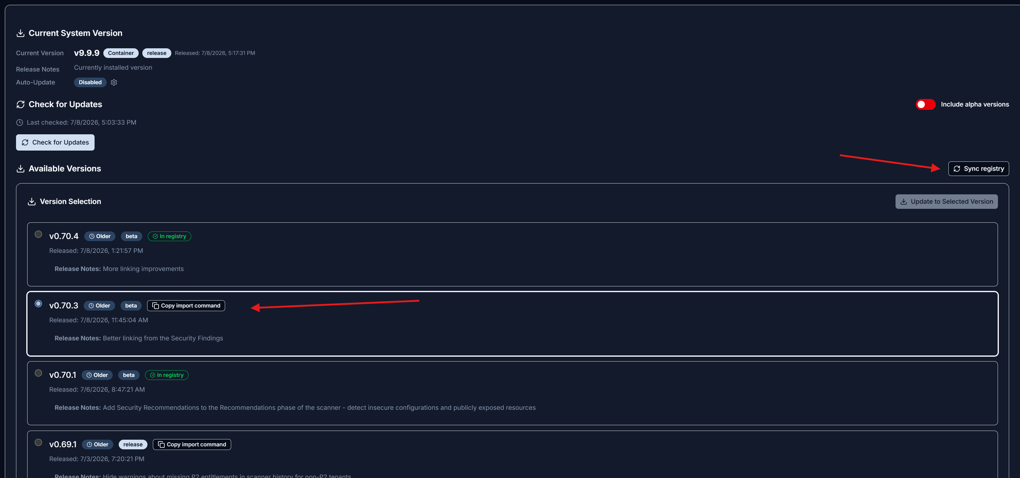 The Available Versions list on System Updates in Manual mode: versions already present carry a green In registry badge, versions not yet present show a Copy import command button, and the Sync registry button sits at the top right