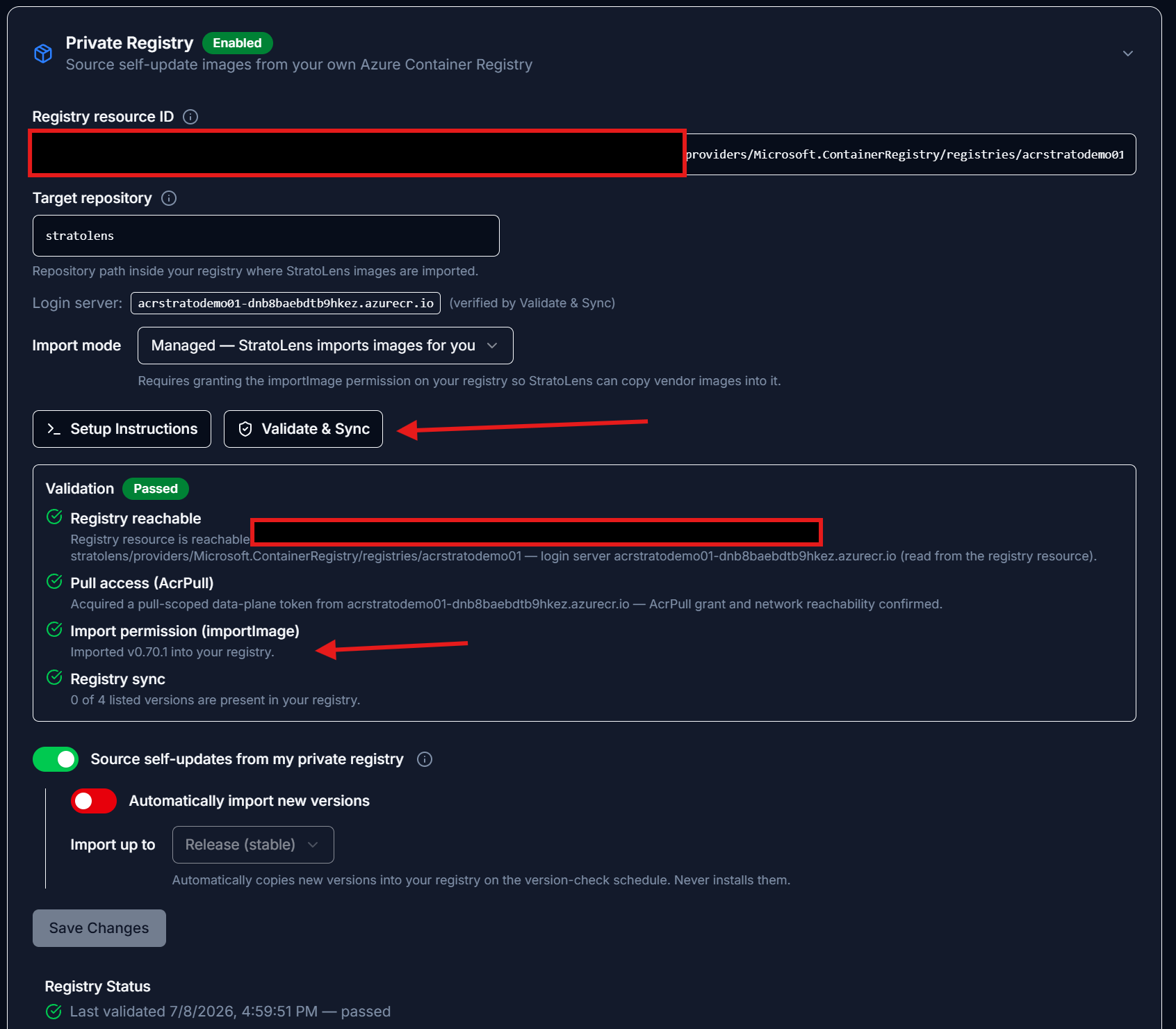 The Private Registry card after a successful Managed-mode validation: the Enabled badge, the verified Login server host, a Validation Passed block listing Registry reachable, Pull access (AcrPull), Import permission (importImage) all passed plus the Registry sync line, the enabled feature toggle with auto-import beneath it, and the Registry Status showing the last validated timestamp