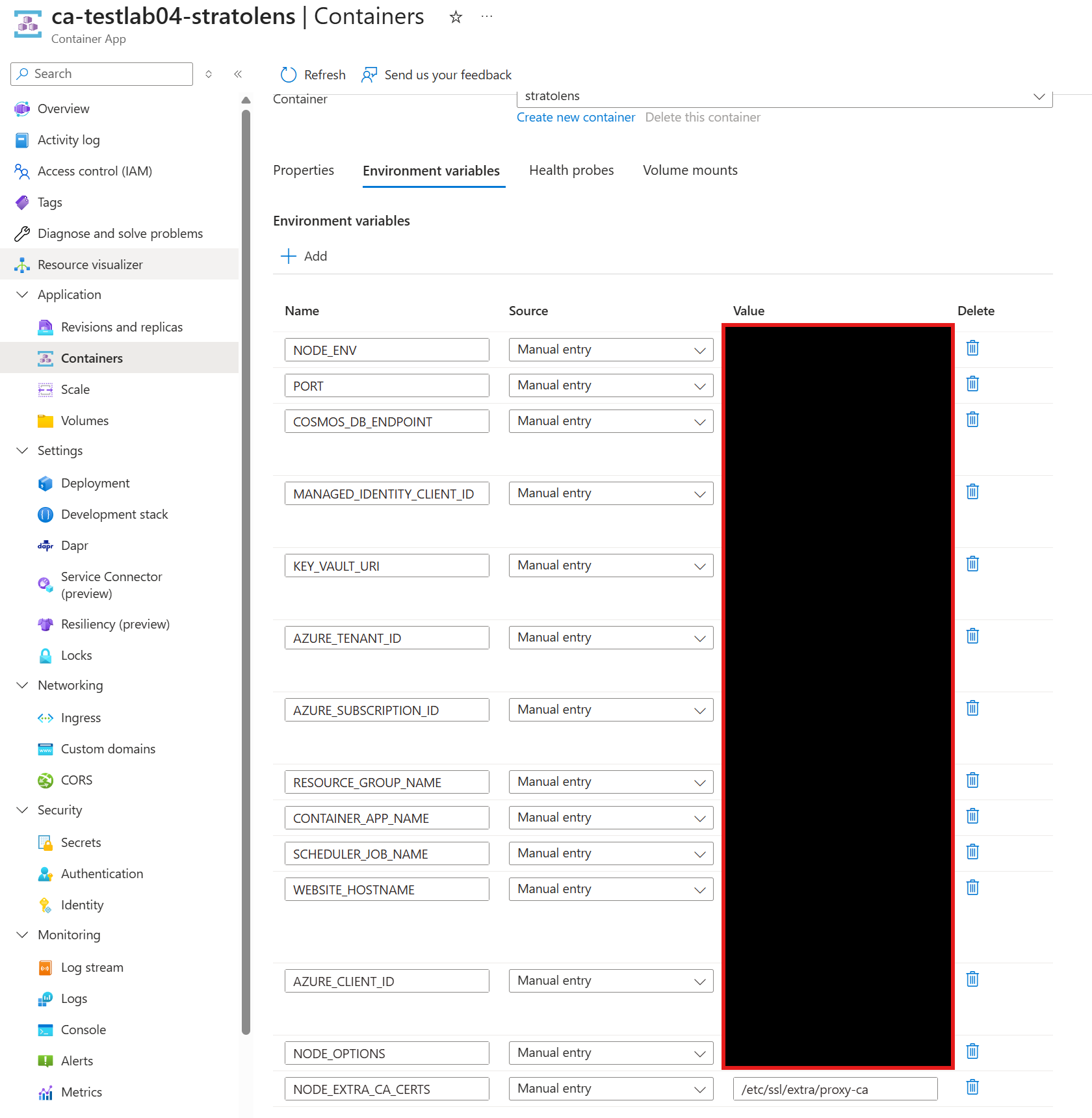 Azure Portal Container App container editor on the Environment variables tab, showing NODE_EXTRA_CA_CERTS added at the end of the existing variable list with the value /etc/ssl/extra/proxy-ca