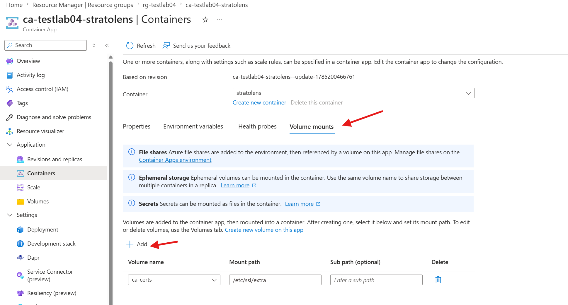Azure Portal Container App Containers blade with the Volume mounts tab selected, showing the ca-certs volume mounted at the path /etc/ssl/extra on the stratolens container