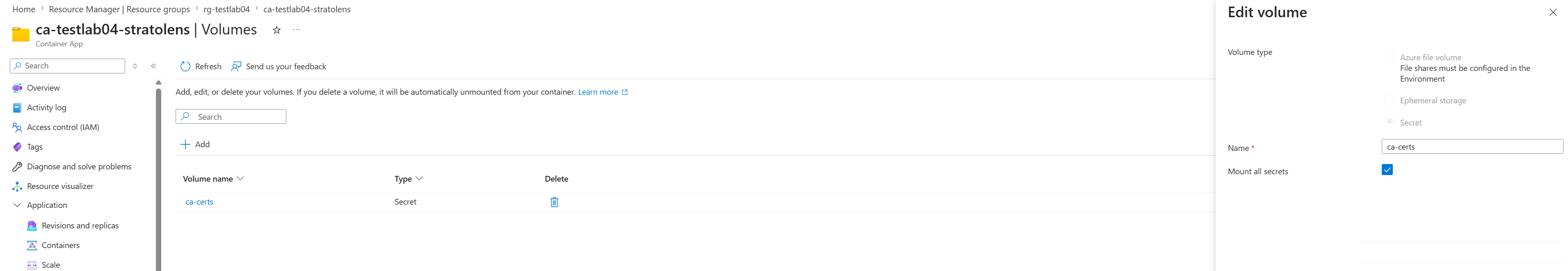 Azure Portal Container App Volumes tab with the Edit volume panel open, showing a Secret volume named ca-certs with Mount all secrets checked