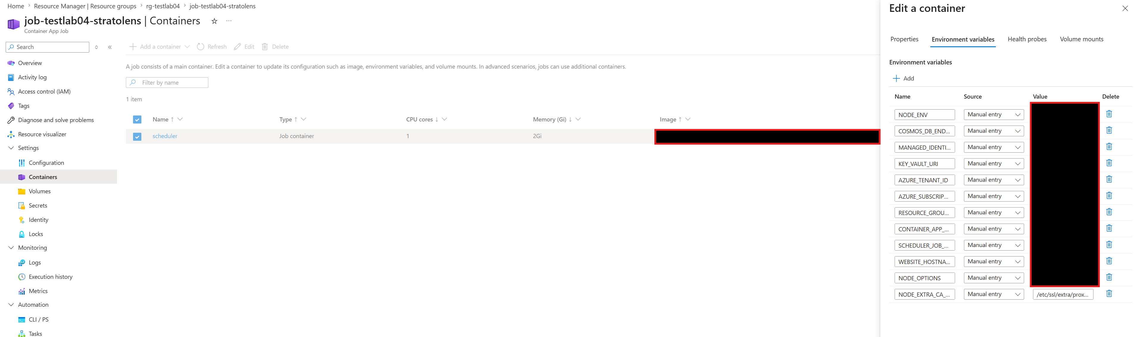 Azure Portal Container App Job container editor on the Environment variables tab, showing NODE_EXTRA_CA_CERTS added at the end of the list with the value /etc/ssl/extra/proxy-ca