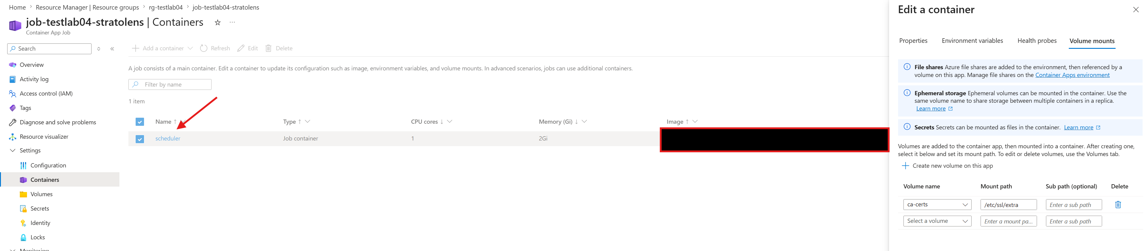 Azure Portal Container App Job Containers blade with the scheduler container selected and the Edit a container panel open on the Volume mounts tab, showing ca-certs mounted at /etc/ssl/extra