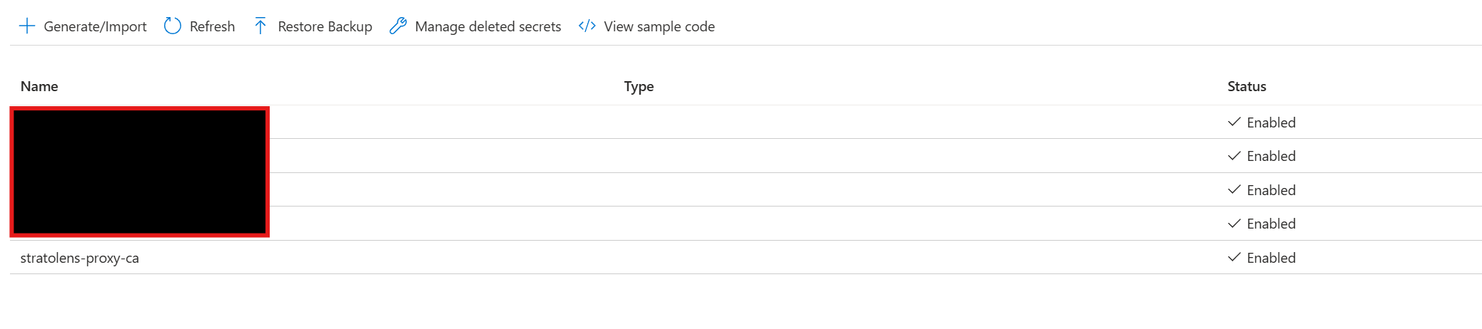 Azure Portal Key Vault Secrets list showing the stratolens-proxy-ca secret with a status of Enabled alongside the other StratoLens secrets