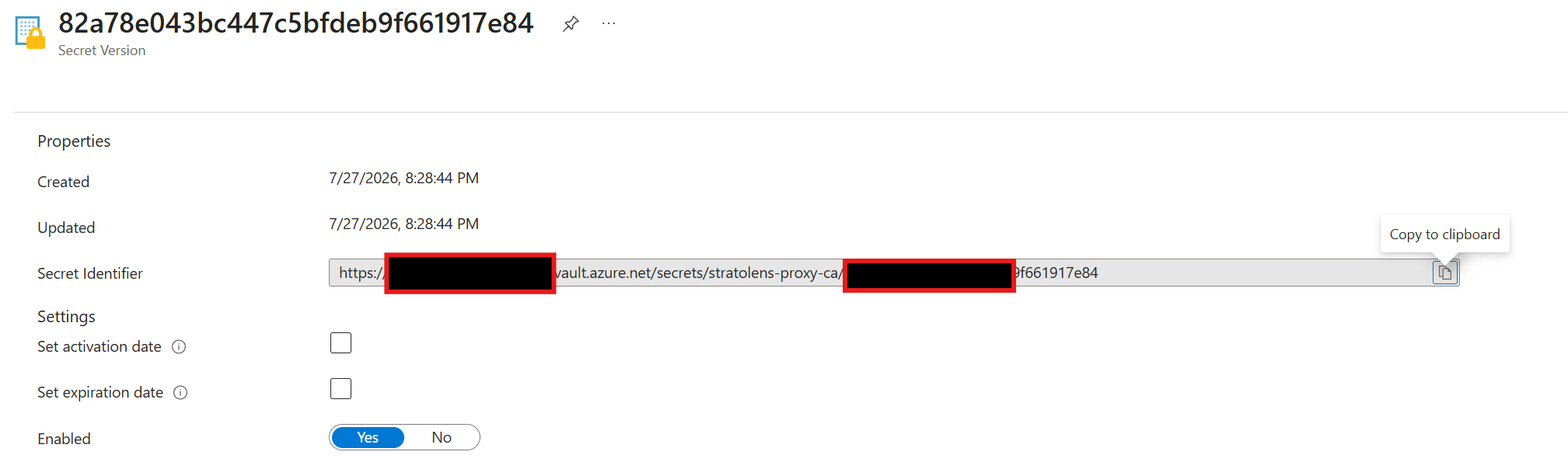 Azure Portal Key Vault secret version page showing the Secret Identifier URL for stratolens-proxy-ca with the copy to clipboard button highlighted