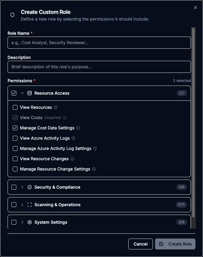 Create Custom Role dialog with Manage Cost Data Settings checked and its View Costs read dependency auto-checked, locked, and labelled required