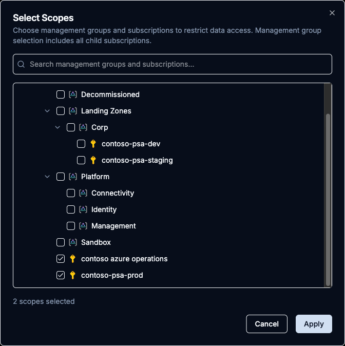 Select Scopes tree picker with management groups expanded into child subscriptions and two subscriptions checked