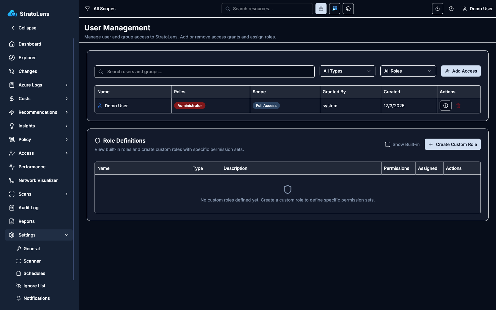 User Management page with the grants table, search bar, type and role filters, the Add Access button, and the Role Definitions card below