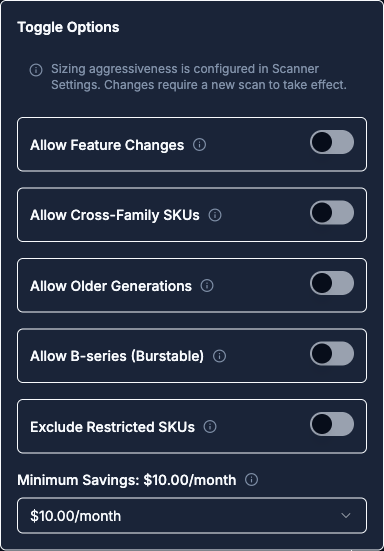 Toggle Options popover with the Allow Feature Changes, Allow Cross-Family SKUs, Allow Older Generations, Allow B-series, and Exclude Restricted SKUs toggles, the Minimum Savings selector, and the info banner pointing to Scanner Settings